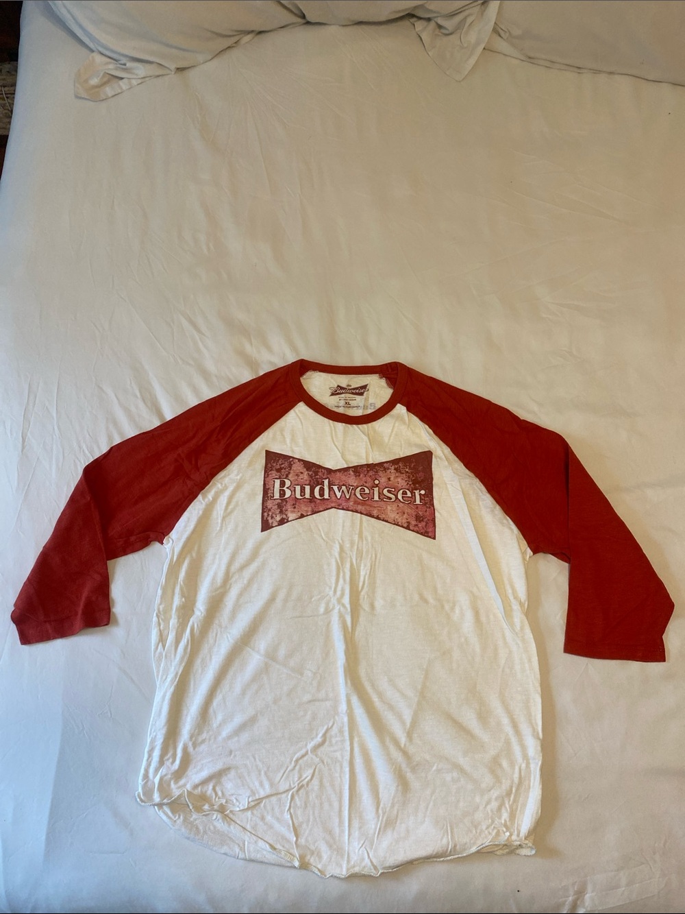 Budweiser White Tee with Red Raglan 3/4 length sleeves.